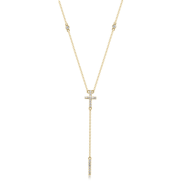 14k Yellow Gold Diamond Cross Lariat Necklace