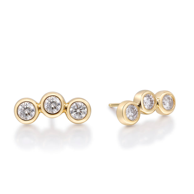 14k Yellow Gold Bezel Set Three Diamond Studs