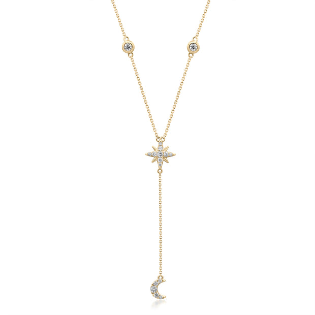 14k Yellow Gold Star and Moon Diamond Lariat Necklace