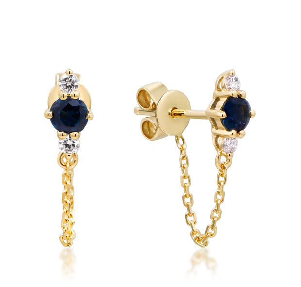 14k Yellow Gold Sapphire and Diamond Chain Huggie Earrings