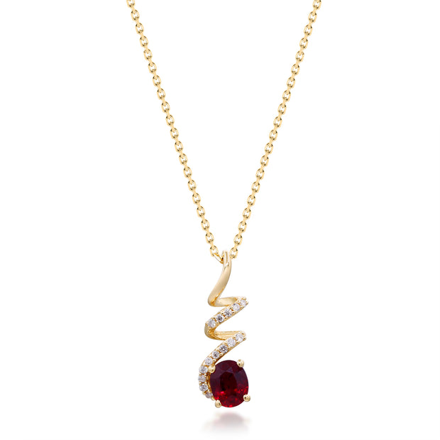 14k Yellow Gold Oval Cut Ruby and Spiral Diamond Necklace