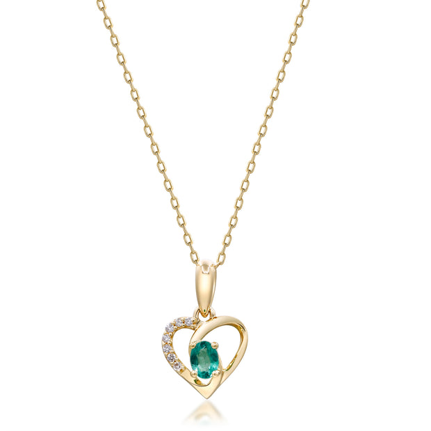 14k Yellow Gold Oval Cut Emerald and Diamond Heart Necklace