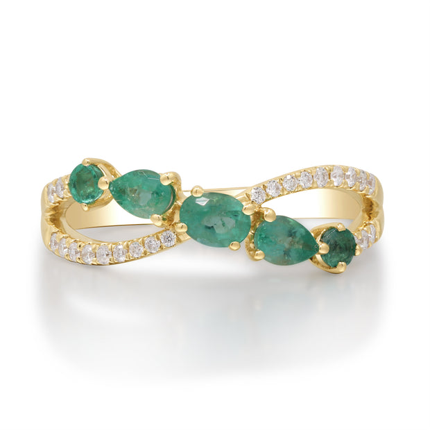 14k Yellow Gold Emerald and Diamond Infinity Ring