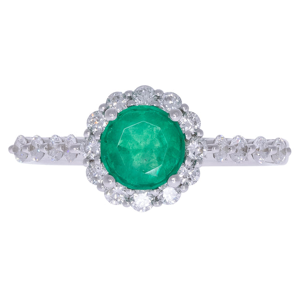 14k White Gold Round Emerald and Diamond Ring