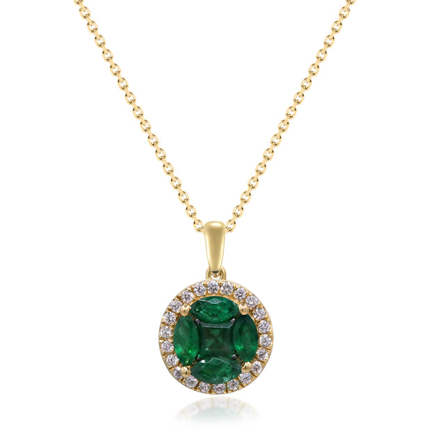 14k Yellow Gold Marquise Cut Emerald Cluster and Diamond Pendant Necklace