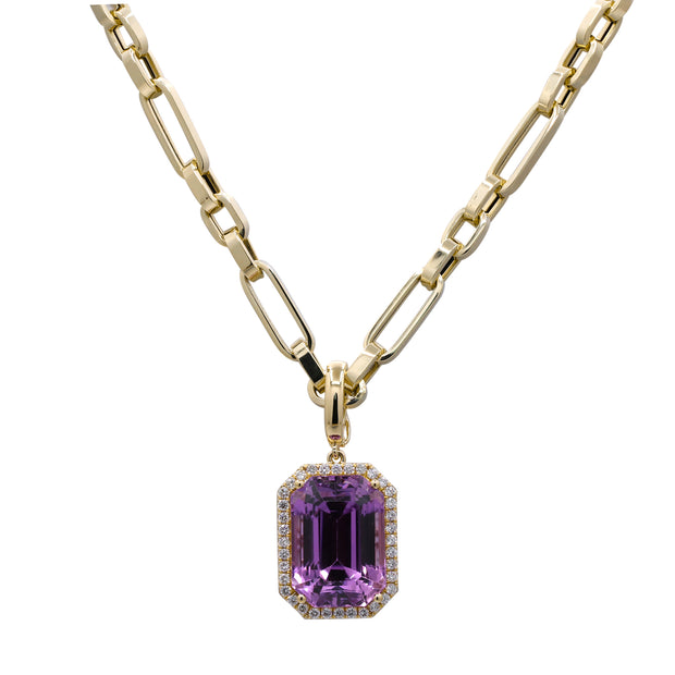 14k Yellow Gold Kunzite and Diamond Paperclip Necklace