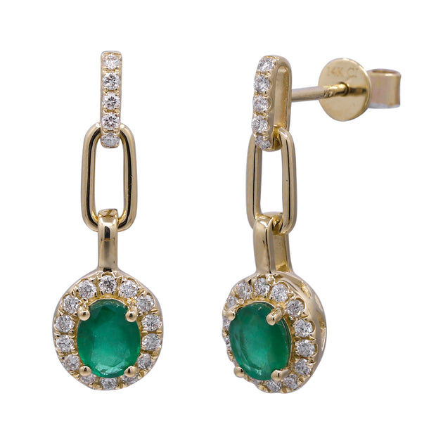 14k Yellow Gold Emerald and Diamond Paperclip Earrings