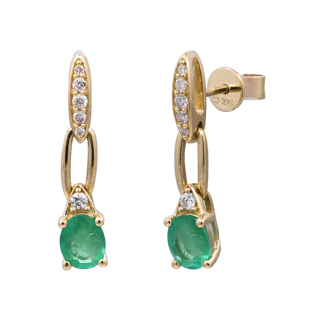 14k Yellow Gold Oval Emerald and Diamond Accent Paperclip Earrings