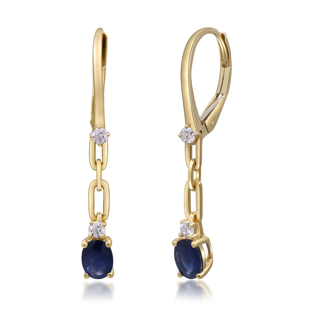 14k Yellow Gold Sapphire and Diamond Paperclip Dangle Earrings