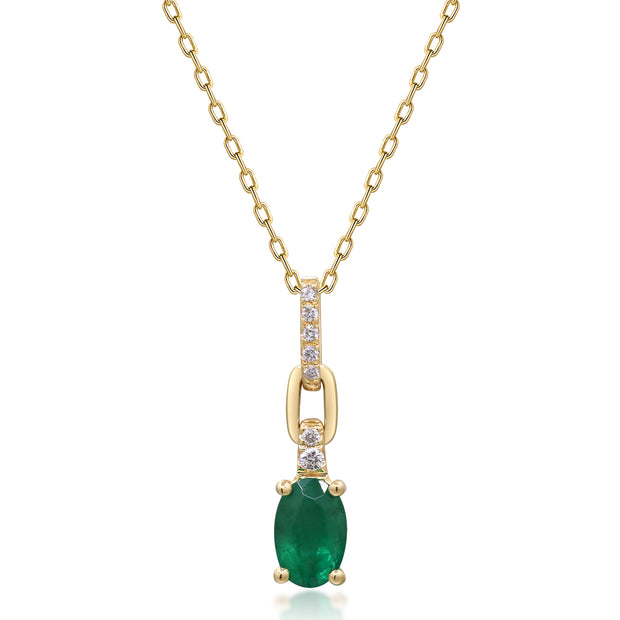 14k Yellow Gold Oval Cut Emerald and Diamond Accented Paperclip Pendant