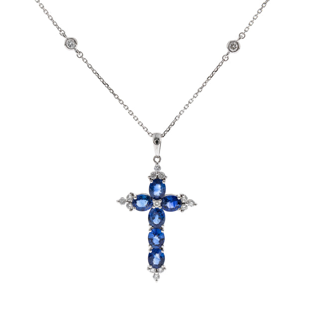 14k White Gold Oval Cut Sapphire and Diamond Cross