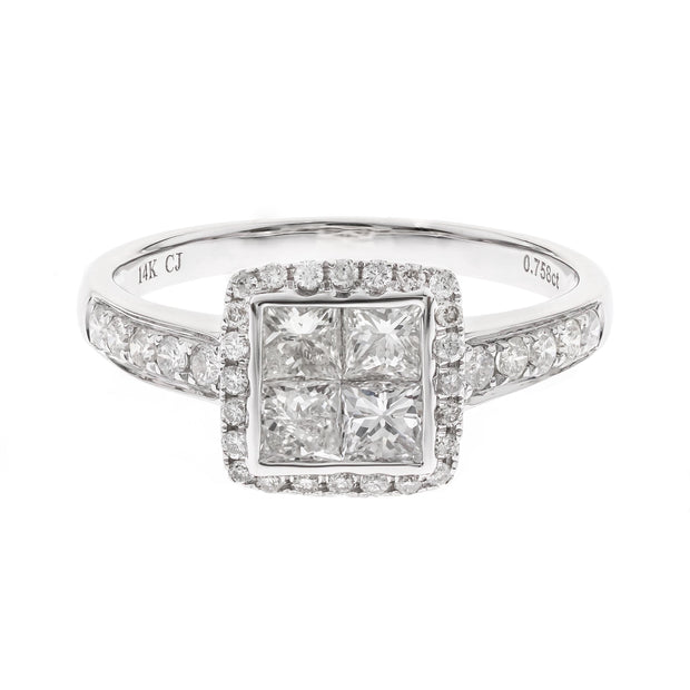 14k White Gold Princess and Round Cut Diamond Ring, 1.08ctw