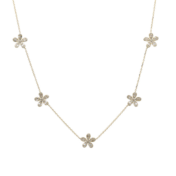 14k Yellow Gold Diamond Flower Station Necklace