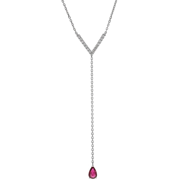 18k White Gold Pear Cut Ruby and Diamond Lariat Necklace