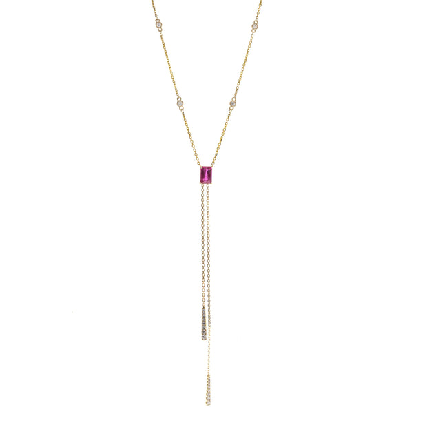 14k Yellow Gold Emerald Cut Ruby and Diamond Accented Lariat Necklace