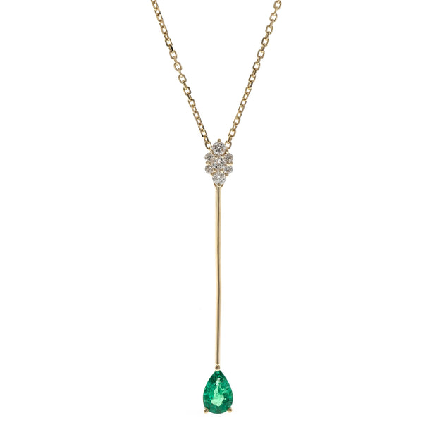 14k Yellow Gold Pear Cut Emerald and Diamond Cluster Lariat Necklace