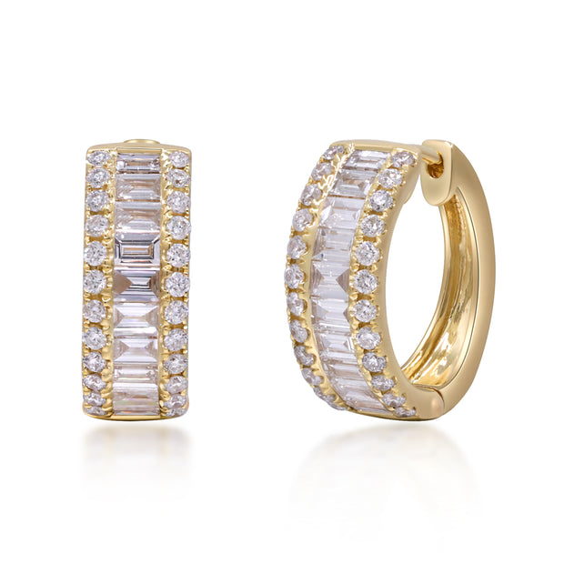 14k Yellow Gold Baguette and Round Diamond Huggie Earrings, 1.13ctw