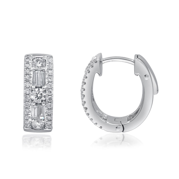 14k White Gold Baguette and Round Diamond Oval Huggie Earrings