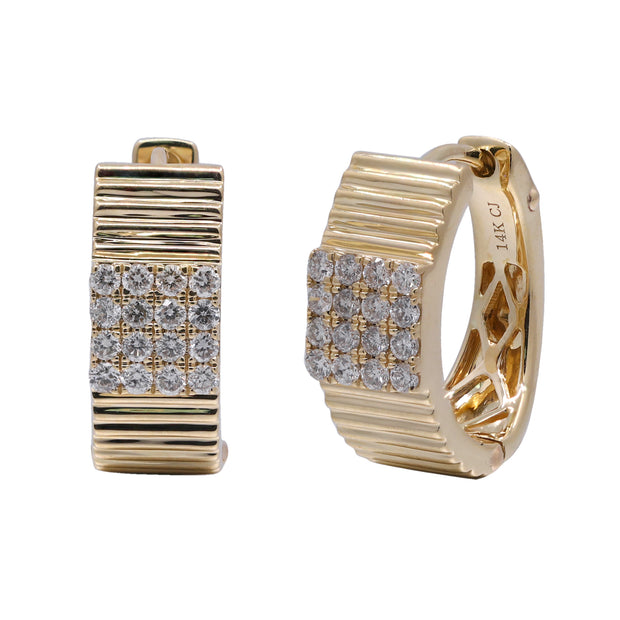 14k Yellow Gold Textured Diamond Huggie Earrings