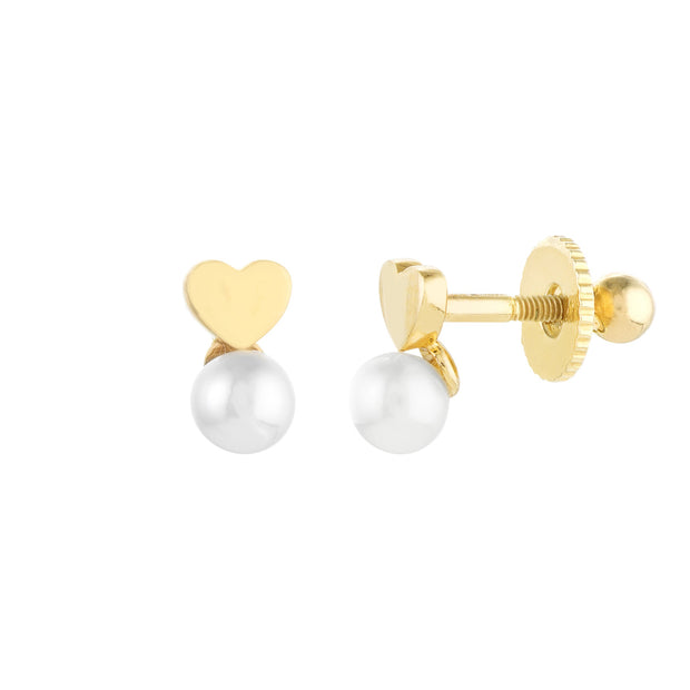 14k Yellow Gold Children's Heart and Pearl Earrings