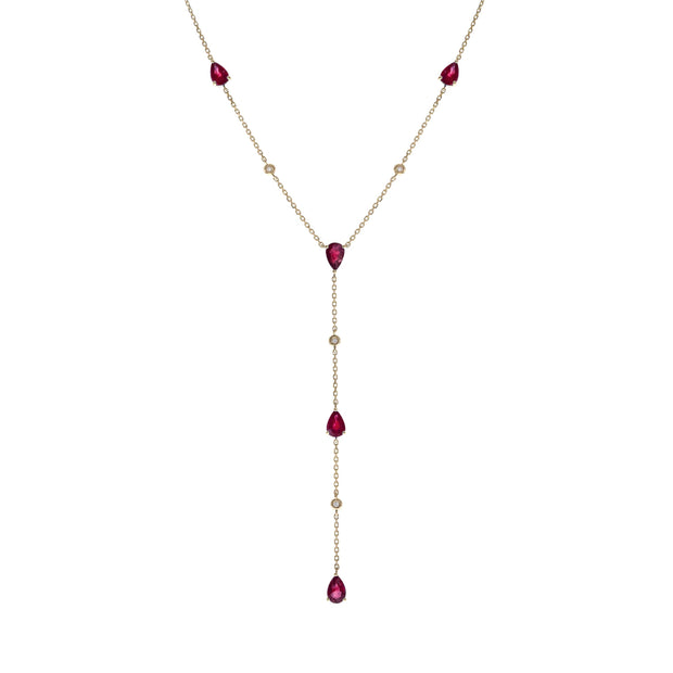 14k Yellow Gold Pear Cut Ruby Station Lariat Necklace