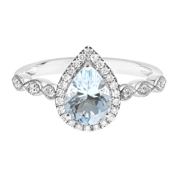 14k White Gold Pear Cut Aquamarine and Diamond Ring