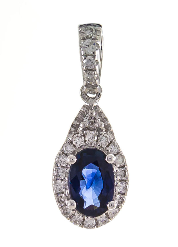 14k White Gold Oval Cut Sapphire and Diamond Pendant NECKLACE