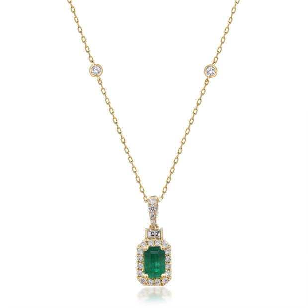 14k Yellow Gold Emerald Cut Emerald and Diamond Pendant Necklace