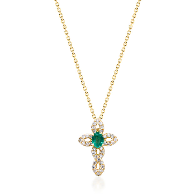 14k Gold Colored Gemstone and Diamond Cross Necklace