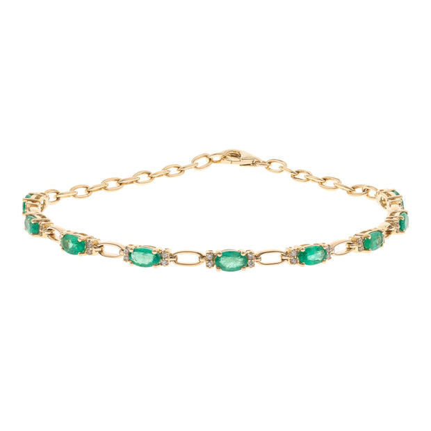 14k Yellow Gold Oval Cut Emerald and Diamond Paperclip Bracelet