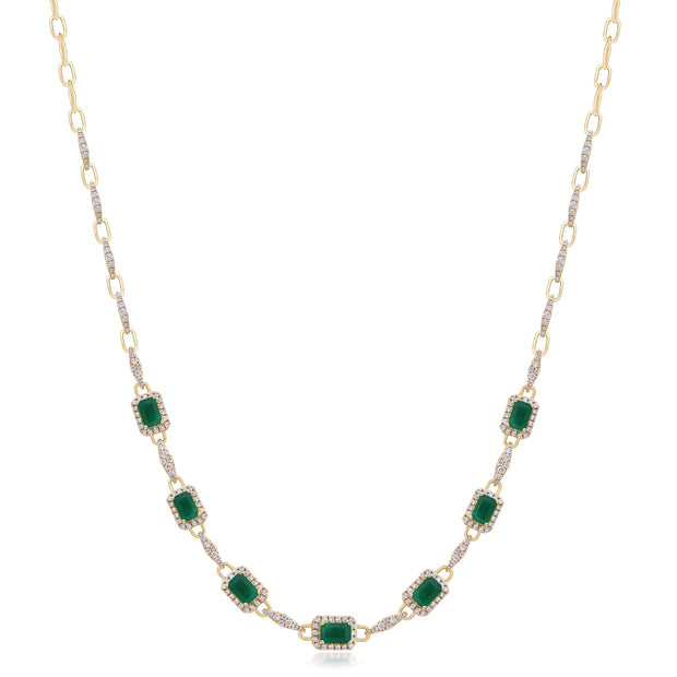 14k Yellow Gold Emerald Cut Emerald Necklace and Diamond Paperclip Necklace