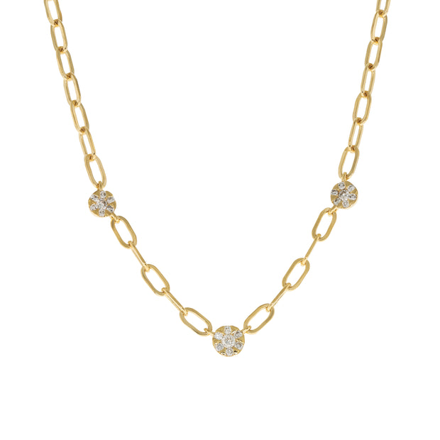 14k Yellow Gold Three Diamond Cluster Paperclip Necklace