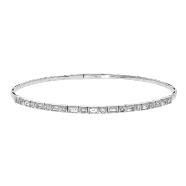 14k White Gold Diamond and Milgrain Flex Bangle