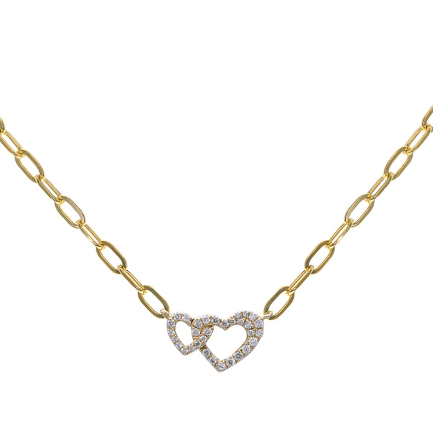 14k Yellow Gold Linked Diamond Heart Paperclip Necklace