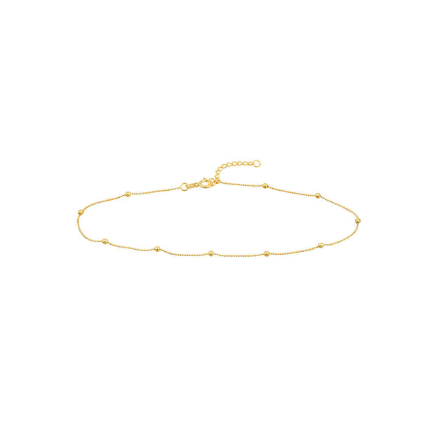 14k Yellow Gold Diamond Cut Bead Chain Station Anklet