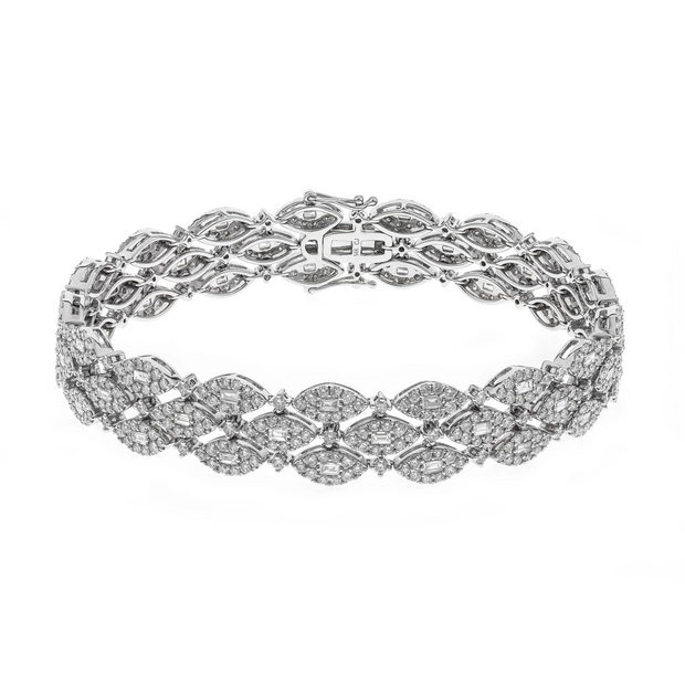 14k White Gold Diamond Baguette and Halo Triple Row Bracelet