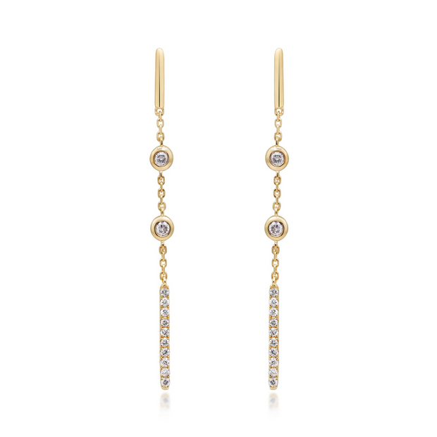 14k Yellow Gold Bezel Set Diamond and Bar Dangle Earrings