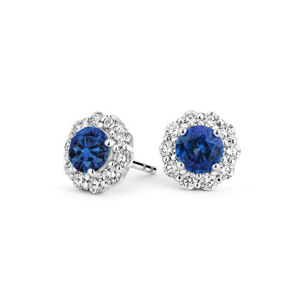 Round Sapphire Earrings with Diamond Halo
